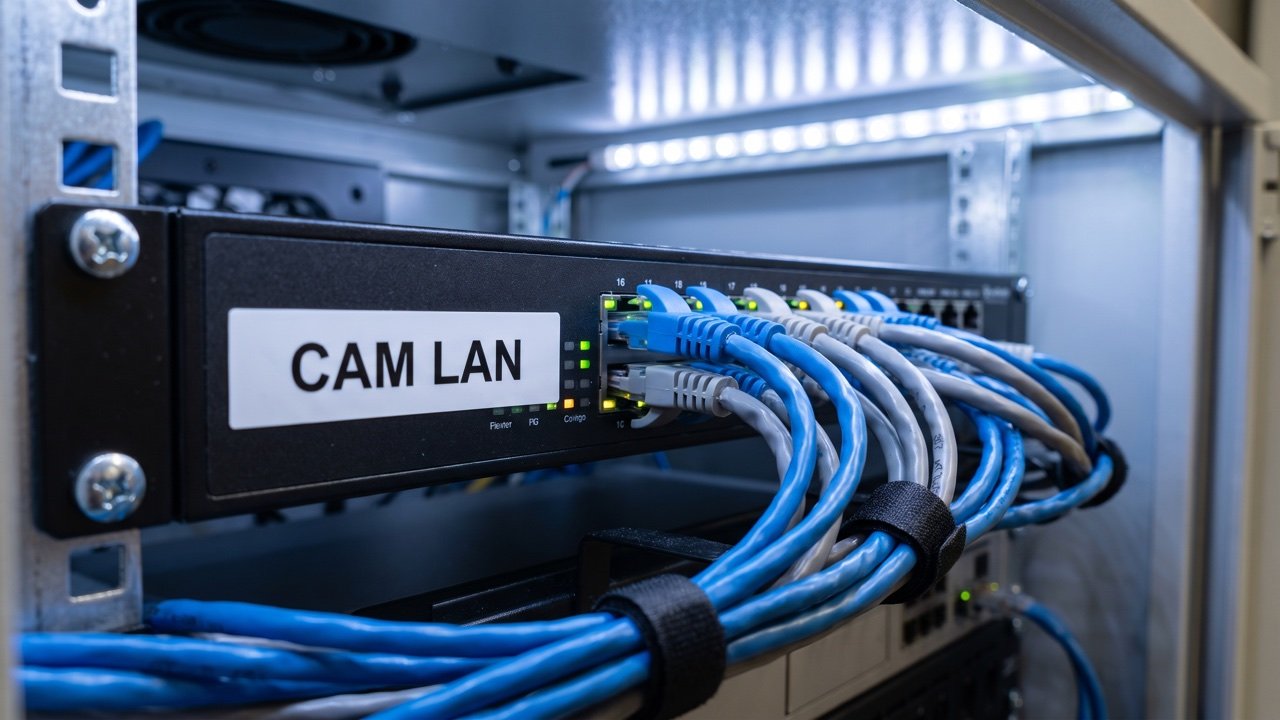 Switch mit der Beschriftung CAM LAN, Patchkabel im Technikschrank