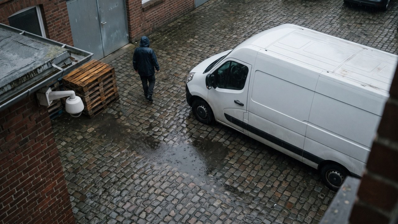 Gepflasterter Hof mit weißem Transporter, eine Person geht hindurch, Kuppelkamera unter der Dachrinne