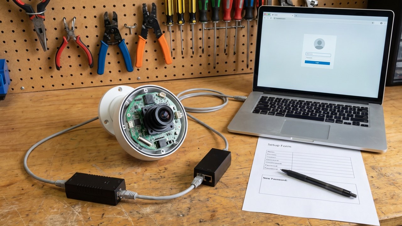 Inbetriebnahme auf der Werkbank: Dome-Kamera, Kabel und Formular für das neue Passwort