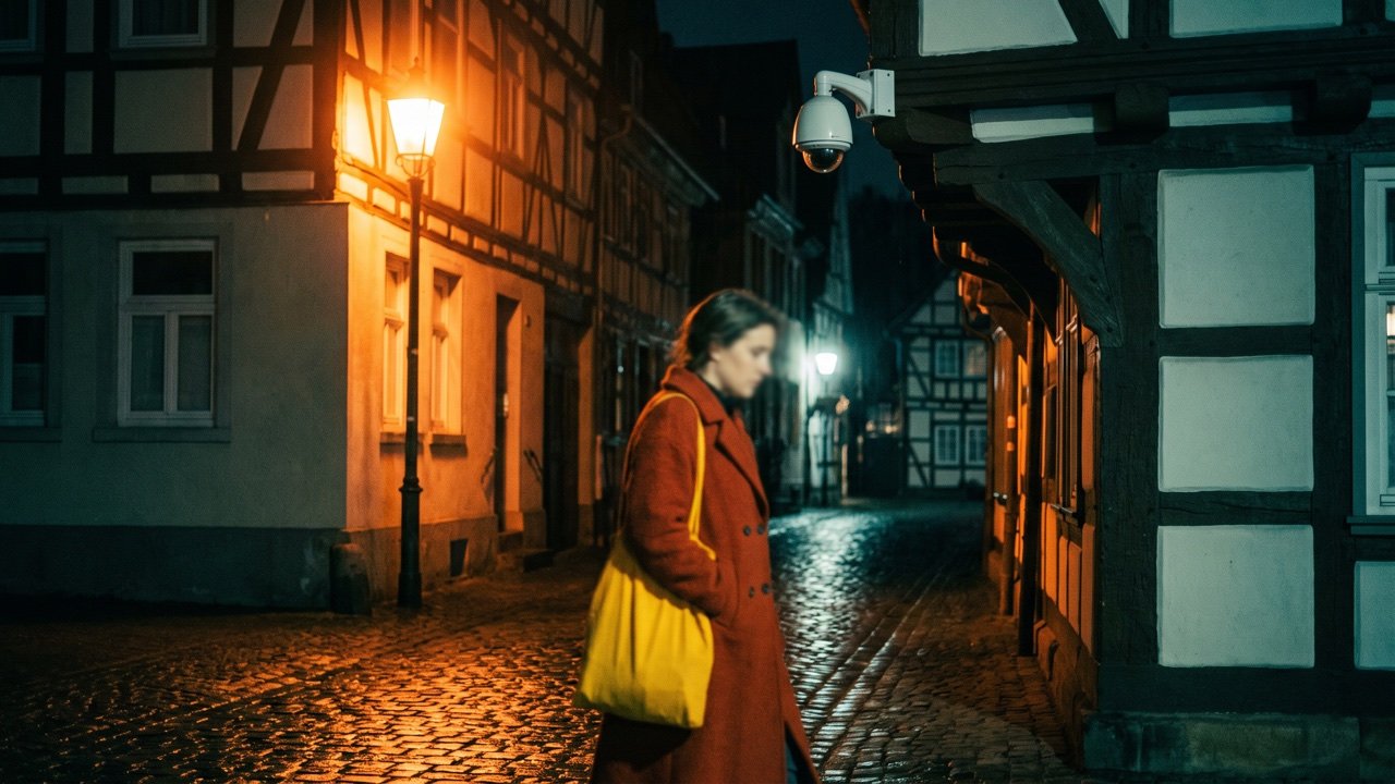 Person in rostrotem Mantel mit gelber Tasche unter einer Natriumlaterne, Dome-Kamera an der Dachkante