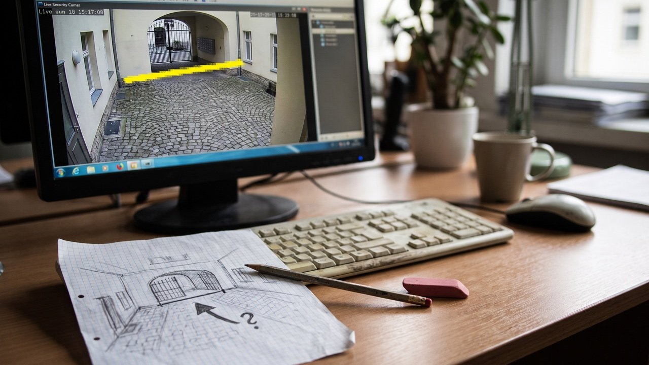 Livebild eines Hofs auf dem Monitor mit gelber Alarmlinie, daneben ein mit Bleistift gezeichneter Plan