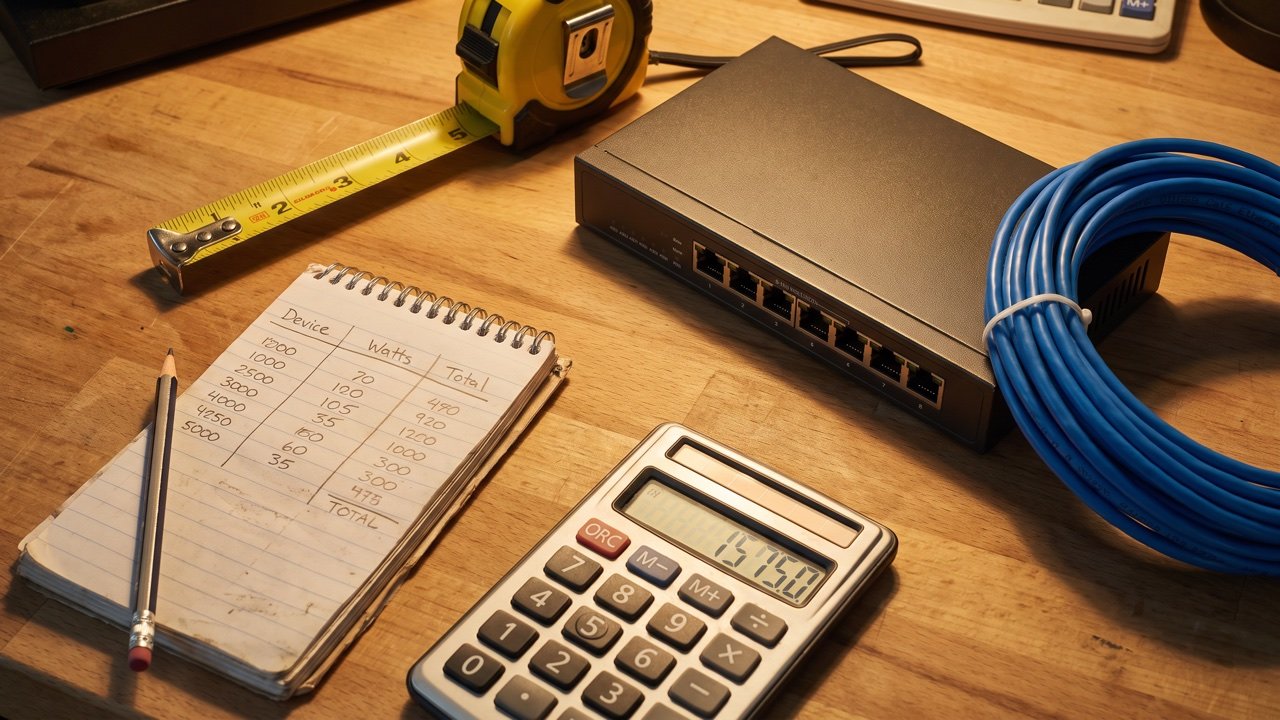 Switch, Maßband und Taschenrechner auf einer Werkbank zur Berechnung des PoE-Budgets