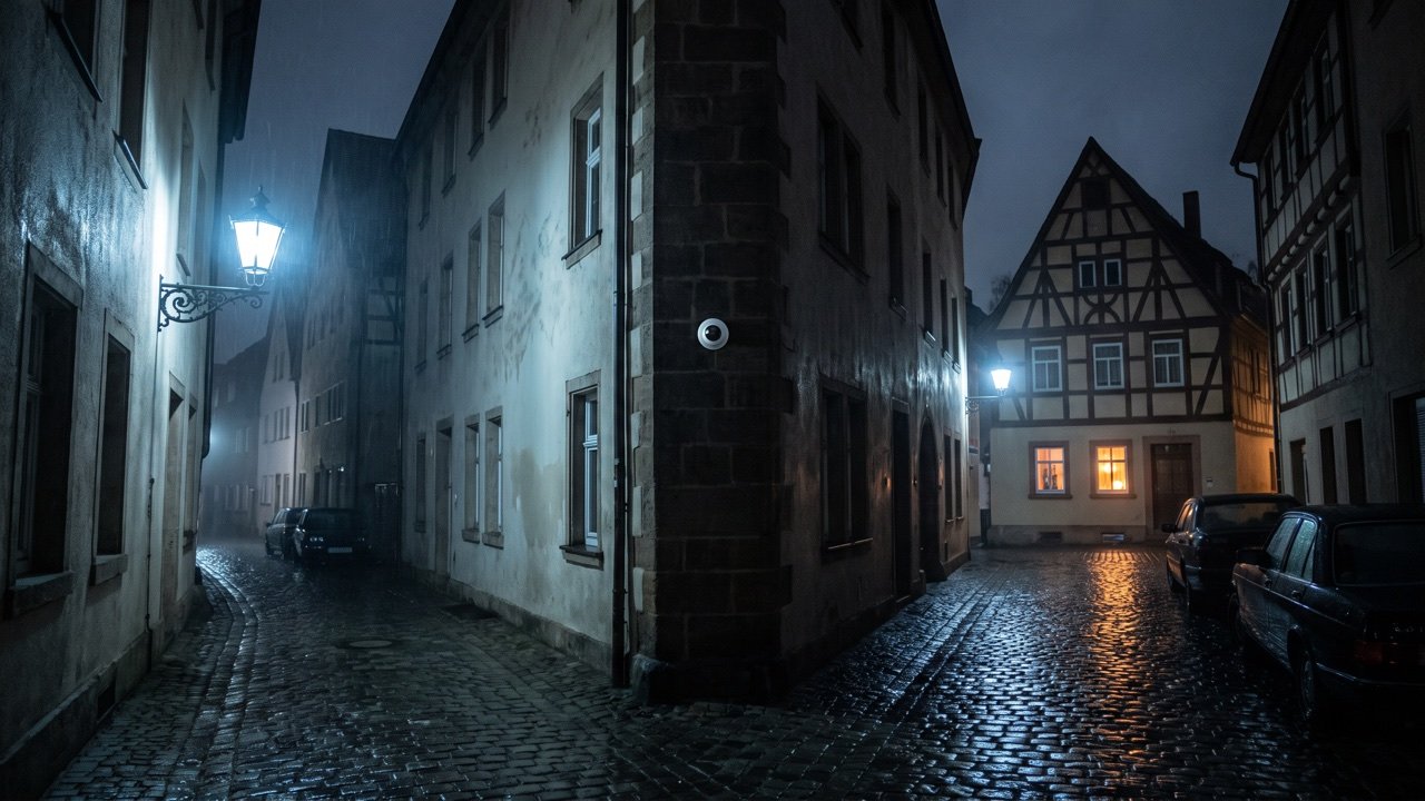 Nächtliche Straße mit Dome an der Hausecke