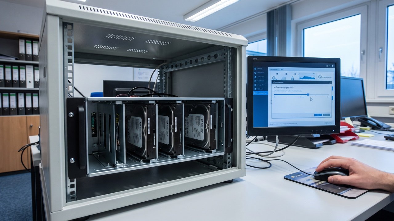 Kleiner Technikschrank mit Rekorder und vier Festplatten, an dem die Speicherdauer eingestellt wird