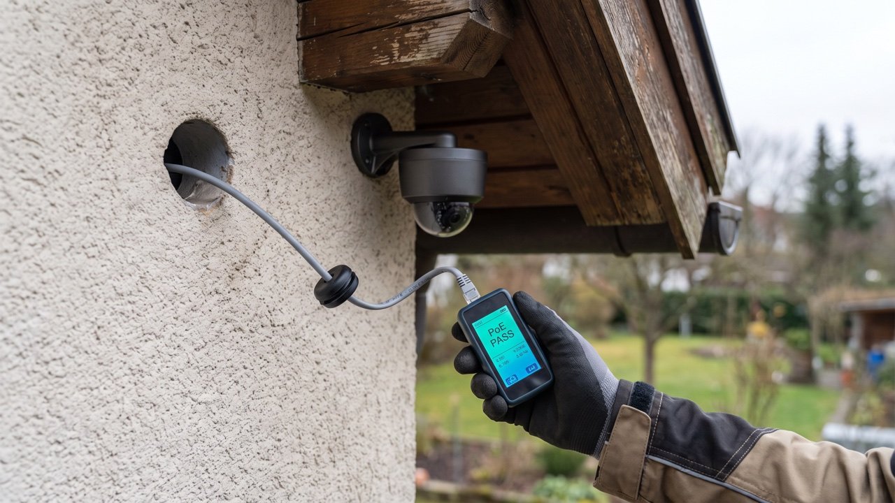 Kabeldurchführung mit Cat.-6-Kabel unter einer Dachkante, daneben ein PoE-Tester