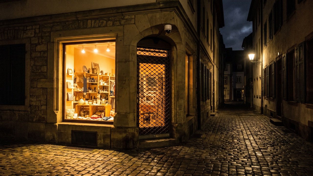 Beleuchtetes Ladenlokal in einer nächtlichen Gasse