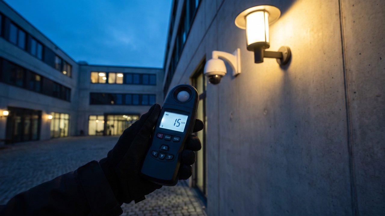 Lichtmessung mit Luxmeter zur blauen Stunde auf einem Hof, Dome-Kamera bereits montiert