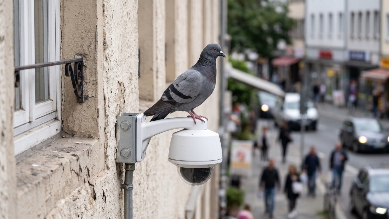Taube sitzt auf einer Dome-Kamera