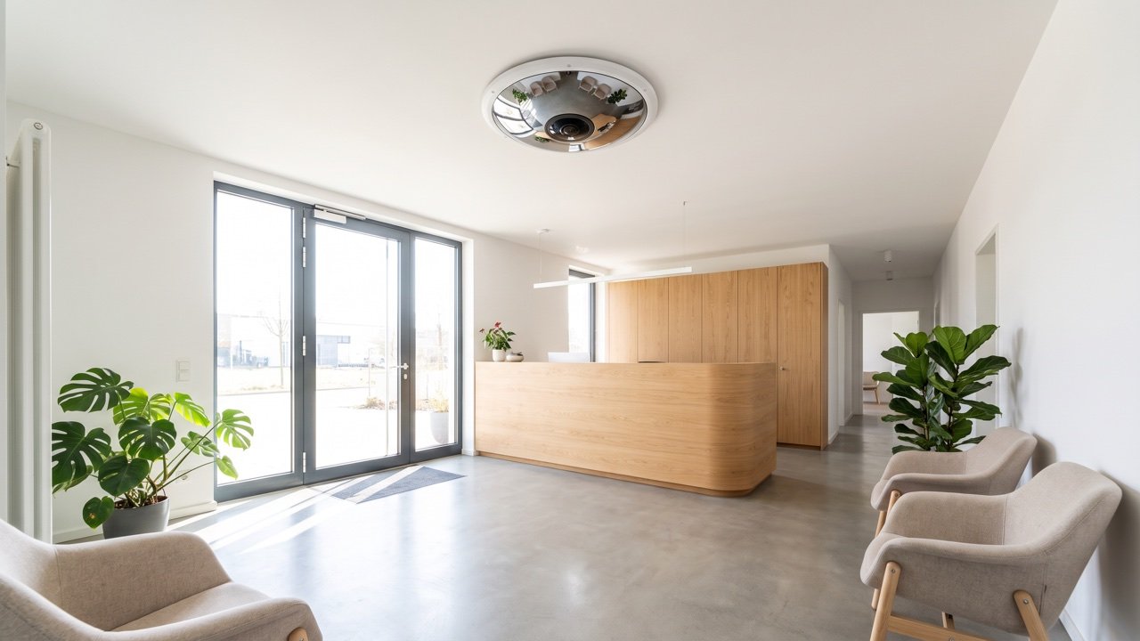 Empfangsbereich mit 360°-Panoramakamera an der Decke, ohne toten Winkel