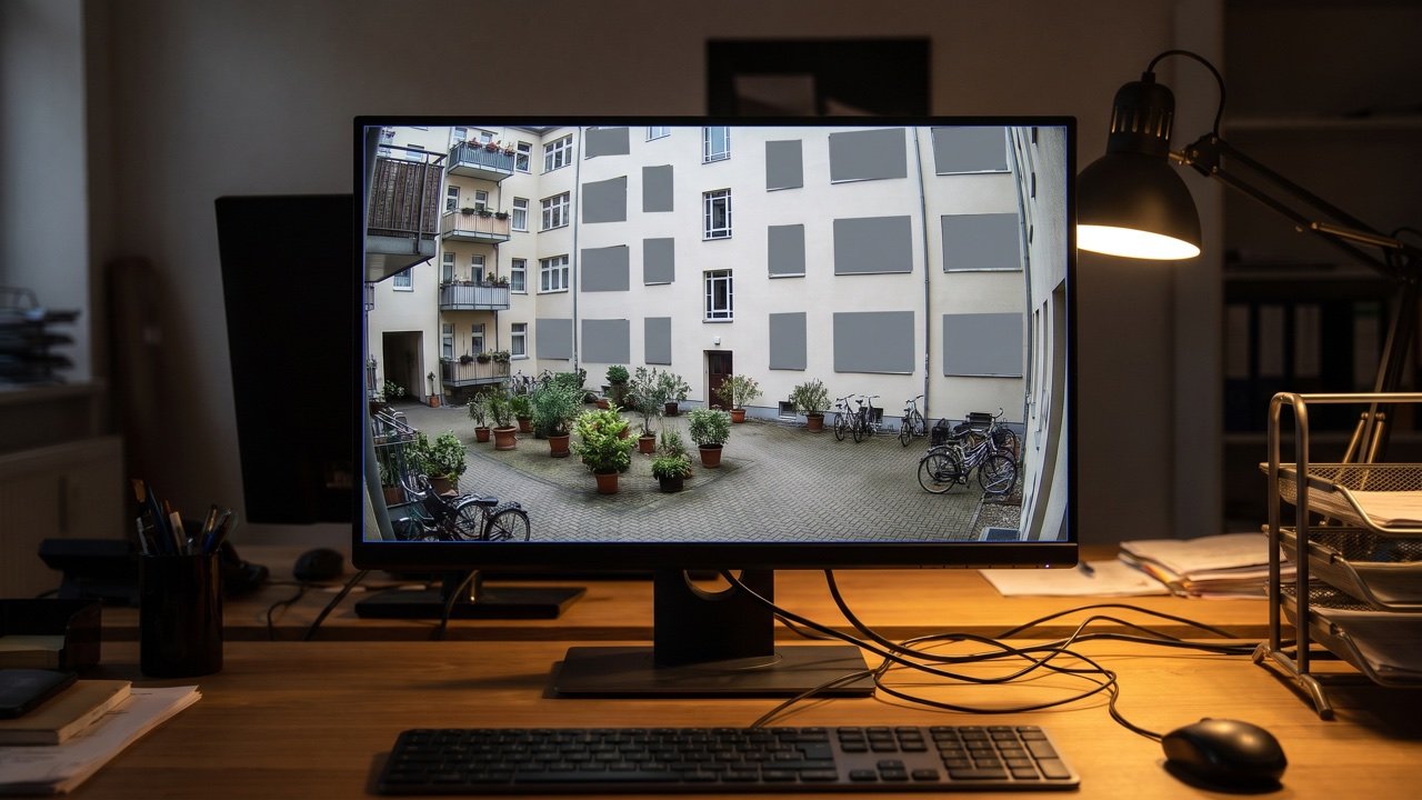Monitor mit scharfem Bild eines Innenhofs, die Fenster des Nachbarhauses sind durch undurchsichtige Flächen verdeckt