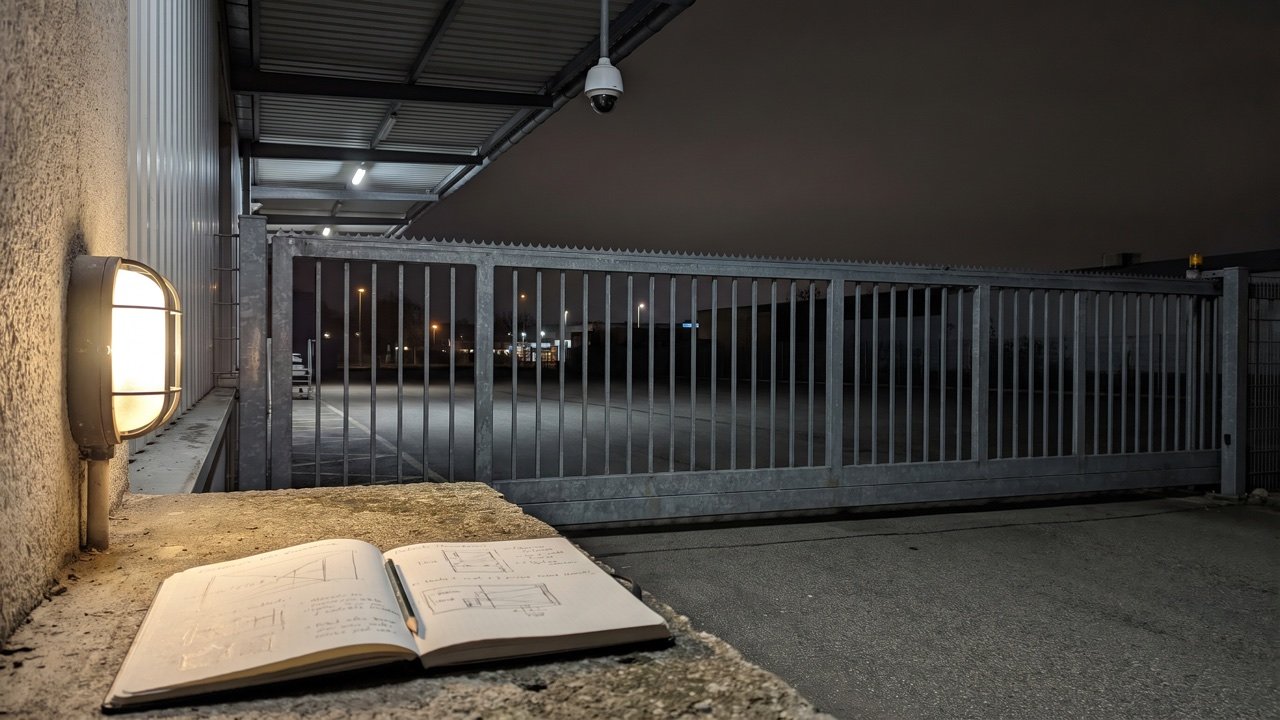 Lagerhof um 22 Uhr: Notizbuch, eine Leuchte, Stahltor, Dome unter der Traufe, dahinter ein dunkler Parkplatz